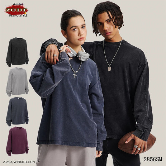 ZODF Retro 285gsm Batik Washed Cotton Man's T-Shirts Unisex Solid Loose Distressed Patchwork Full Sleeve Tee Shirt Tops HY1161