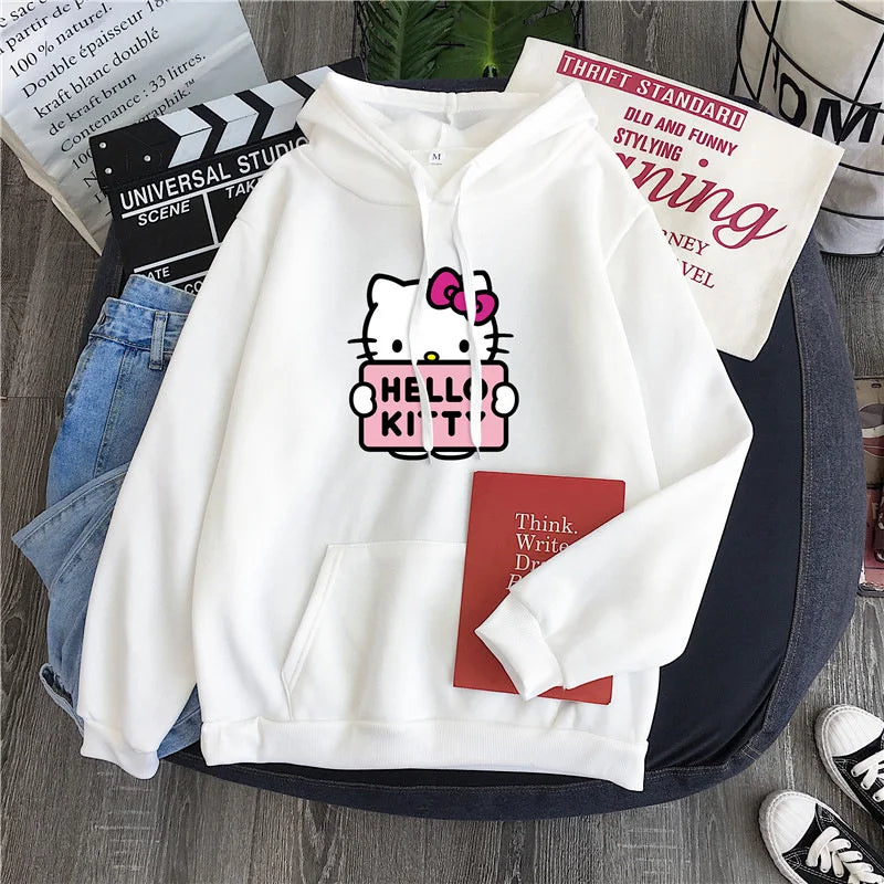 2025 New Casual Women's Sweatshirts Sanrio Hello Kitty Kawaii Tops for Women Cute Hoodies Fashion Harajuku Long Sleeves Plus Siz