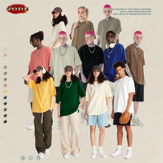 ZODF Trendy Summer 260gsm Cotton Oversized T Shirts For Men Unisex Male Kanye West High Street Solid Tees Brand Tops HY0122