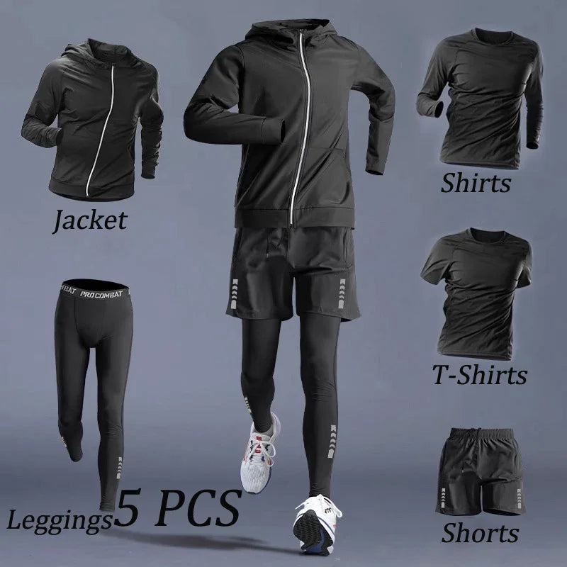 Autumn 5-7 Pcs Men’s Sports Suit Running Training Wear Quick Dry Fitness Cycling Sportswear Outwear - Black 5 PCS / M