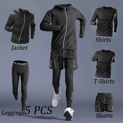 Autumn 5-7 Pcs Men’s Sports Suit Running Training Wear Quick Dry Fitness Cycling Sportswear Outwear - Black 5 PCS / M