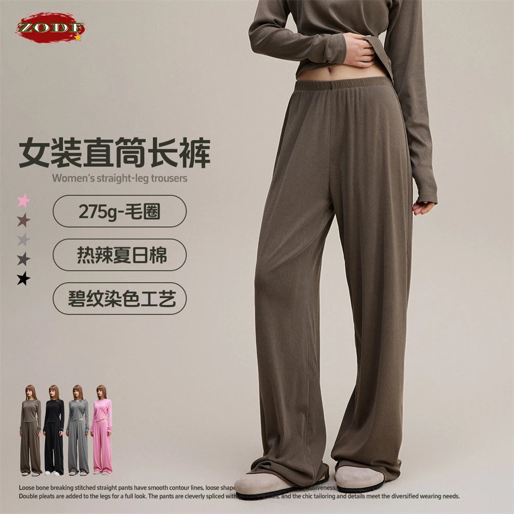 ZODF Women 2025 Solid Comfortable Loose Pants Girls Female 275gsm Solid Wide Lge Straight Trousers Brand Bottoms HY1137