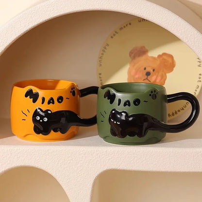 Cat Stacking Mug Creative Cute Cartoon Cat Ceramic Coffee Cup Fun Cat Tail Integrated Handle Cup Couple Water Cup Birthday Gift