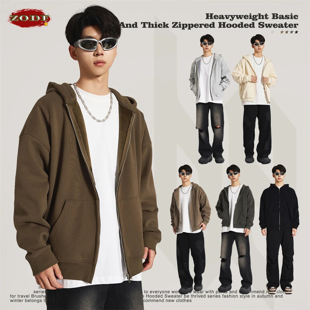 ZODF New Winter Men Zipper Fleece Hoodies Unisex Loose Heavy Weight Thick Warm Basic 420gsm Hooded Coats Hoodie HY0747