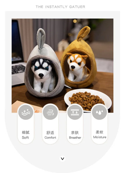 Cute Lifelike Husky & Akita Ultra-Soft Plush Stuffed Toys With A Tiny Cozy Dog Bed Cloth Dolls  Pet Lovers And Plush Collectors