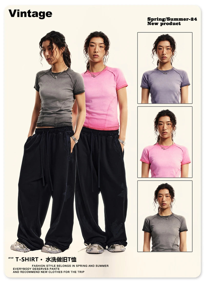 ZODF 2024 Summer Hotweet Washed T Shirt For Women Girls Gradient Raglan Sleeve Comfortable Short Tees Brand Tees HY0826