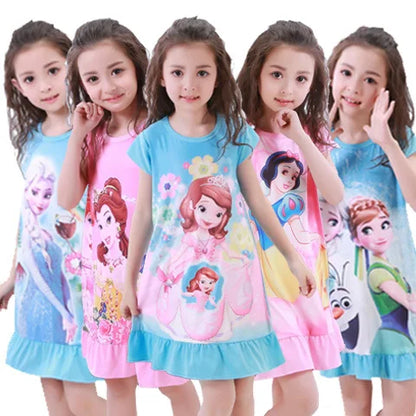 Girls Night Dress Summer Cartoon Snow White Frozen Princess Elsa Mermaid Print Toddler Girl Nightgown for Teens