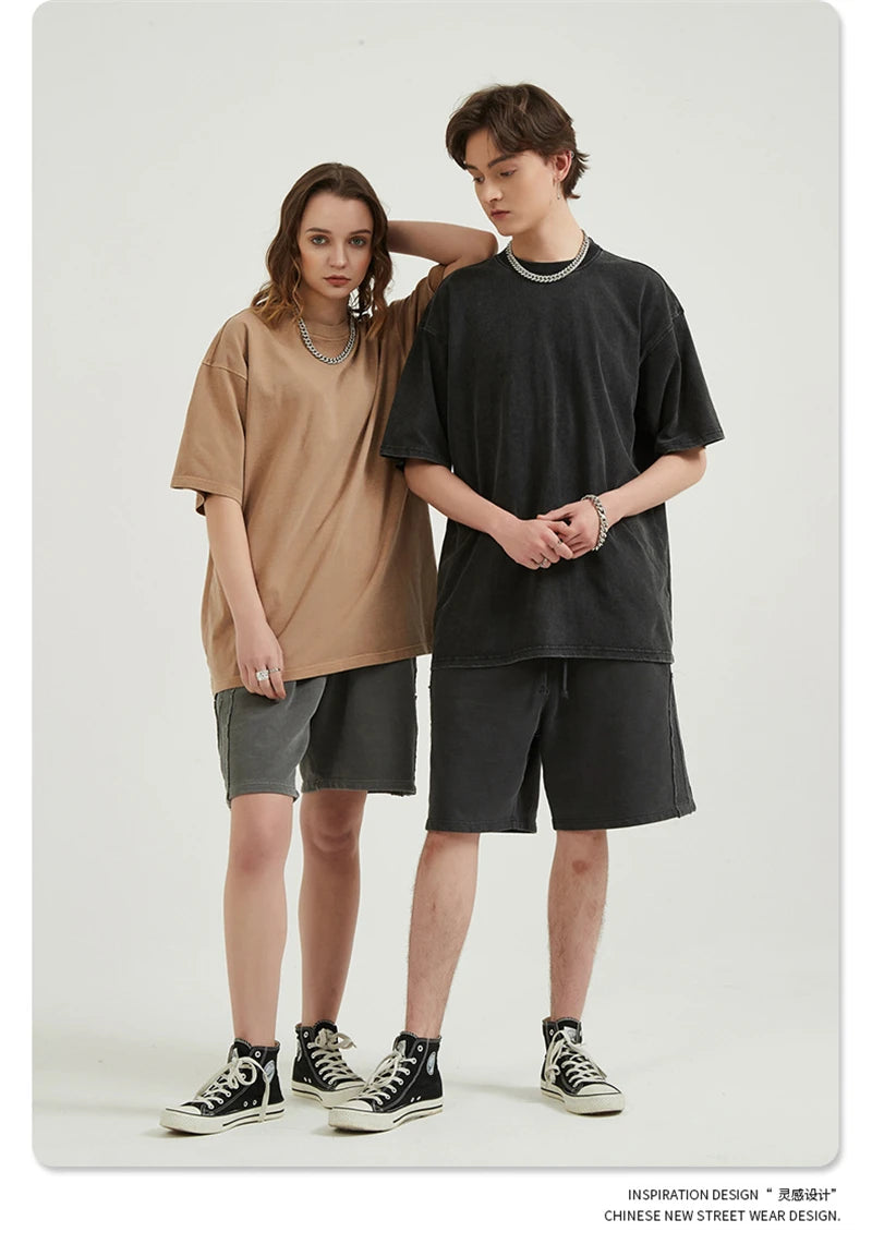 ZODF Men 2024 Retro Summer Washed Solid Cotton T-Shirts Unisex Retro Loose High Street 250gsm Basic Tees Streerwears HY0075