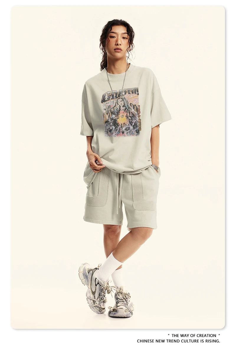 ZODF 2024 Summer 310GSM Cotton T-Shirts For Men Unisex Washed Comfortable High Street Printing T Shirt Tees HY0463