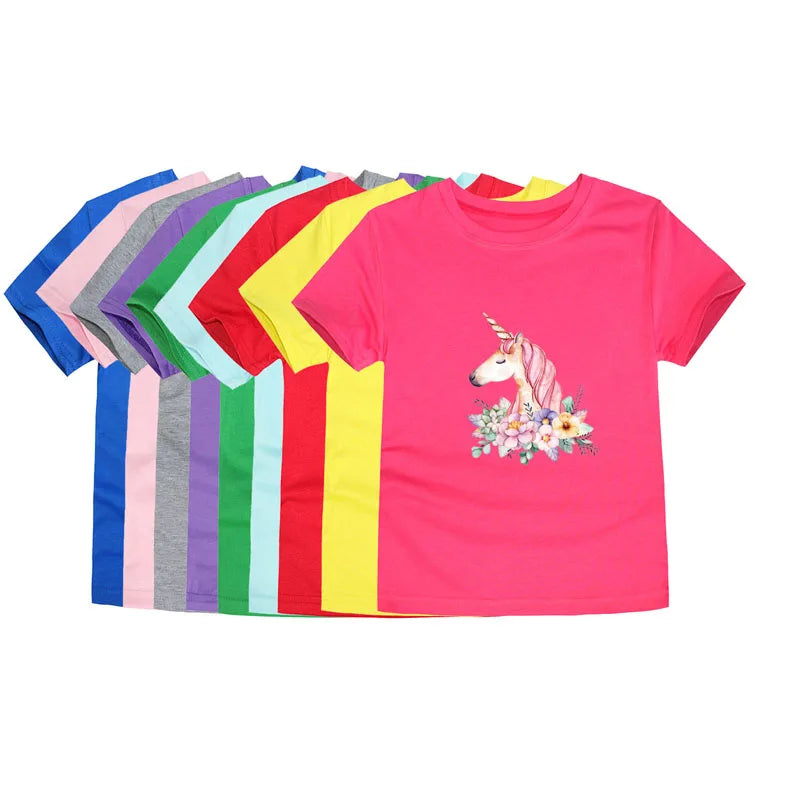 Child Kids Tshirts for Girls Clothes 2024 New Summer Pink Red Blue Luxury Toddler Girl T Shirt Kawaii Unicorn Flower Korean Tees