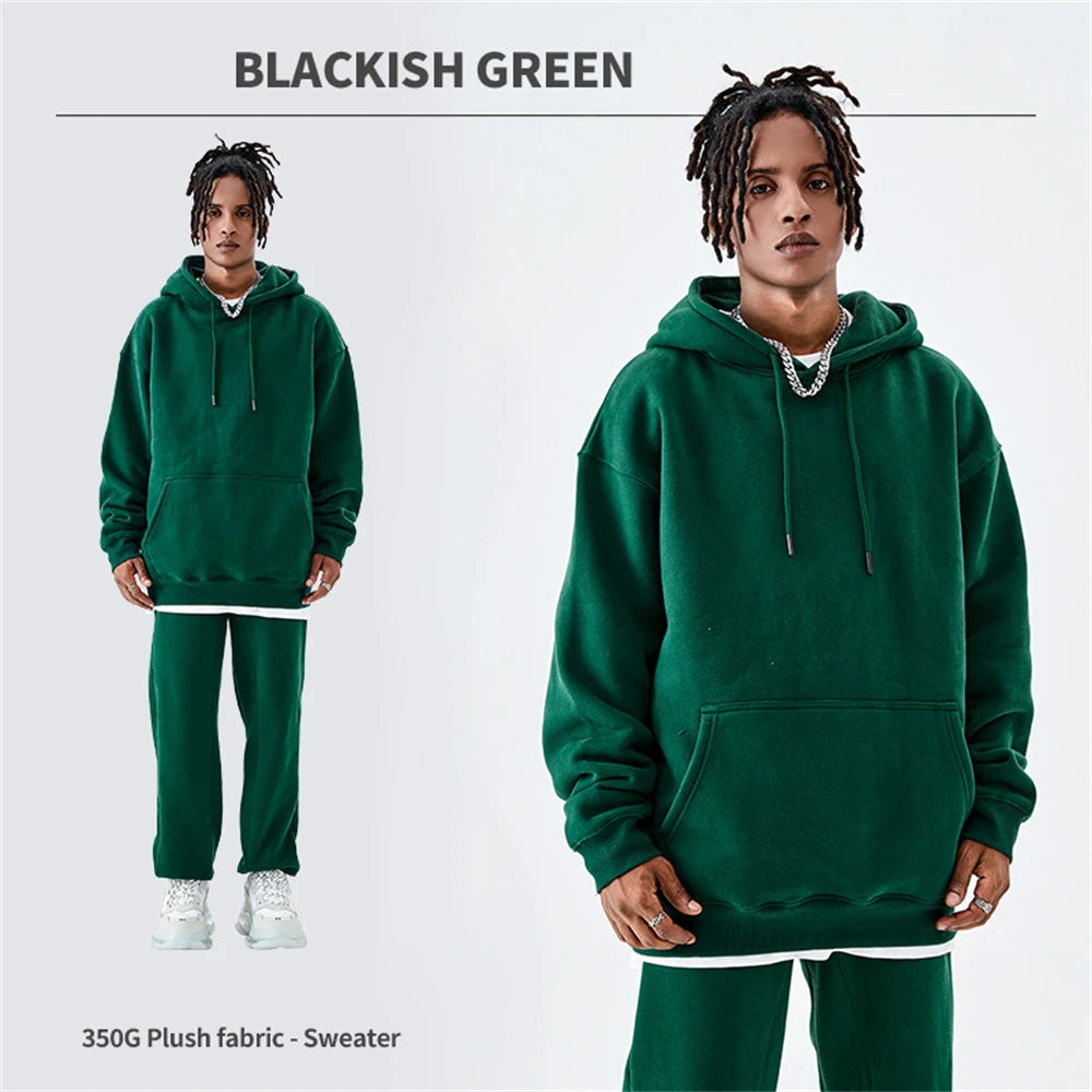 ZODF Casual Winter Men 350gsm Fleece Hoodie Unisex Loose Warm Solid Hooded Sweatshirt Pullover 18 Colors HY0728 - green