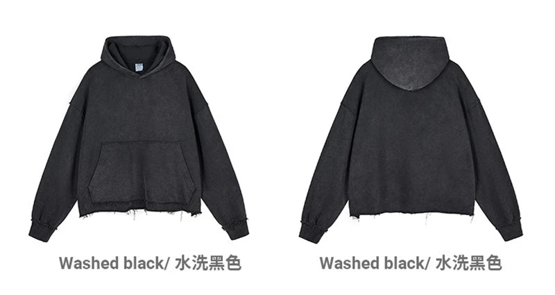 ZODF Retro Winter Men Washed 100% Cotton Boxy Hoodies Unisex Loose Fit Distressed Hooded Pullovers Coats Brand Outfits HY0048