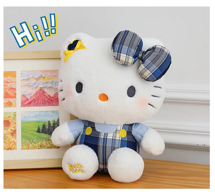 Sanrio Hello Kitty Plush Toy Retro Plaid Skirt Kitty Doll Stuffed Animal Creative Gift for Kids Birthday Christmas Girls Pillow