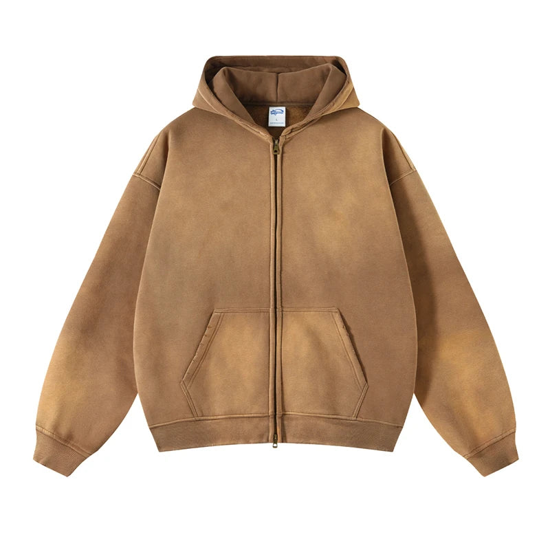 ZODF Retro Winter Men Spray-Dyed Zipper Hoodies Unisex Loose 360gsm Zipper Fleece Hooded Sweatshirt Pullovers Coats HY0719