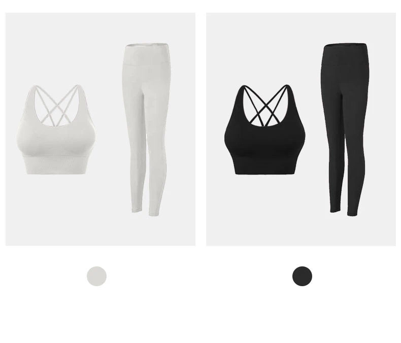 2 Piece Yoga Set Solid Color Women's High Waisted Leggings Tight-Fitting Quick-Drying Running Underwear Cross Bra Fitness Suit