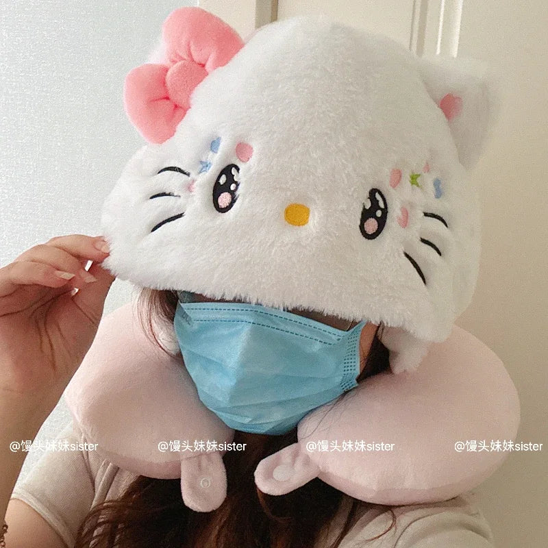 Kawaii Hello Kitty Neck Support Pillow with Hat Soft Plush Travel U-Shaped Pillow Nap Sleeping Cartoon Comfortable Journeys Girl