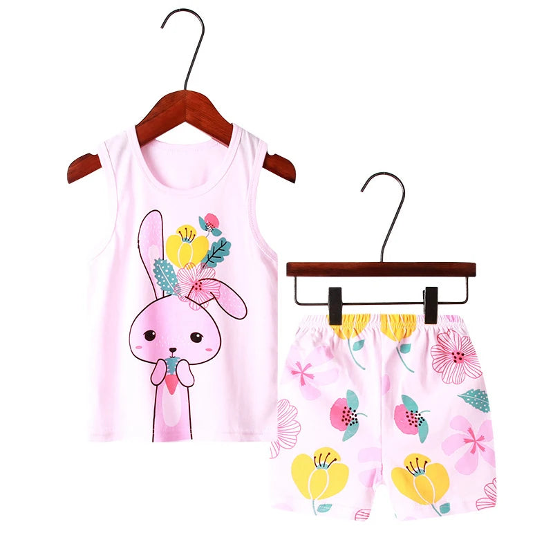 Summer Pj Set Kids Clothes Home Wear Pink Rabbit Girls Pajamas Sets 1 to 2 3 4 5 6 7 8 9 10 Years Flower Easter Pijamas Cotton