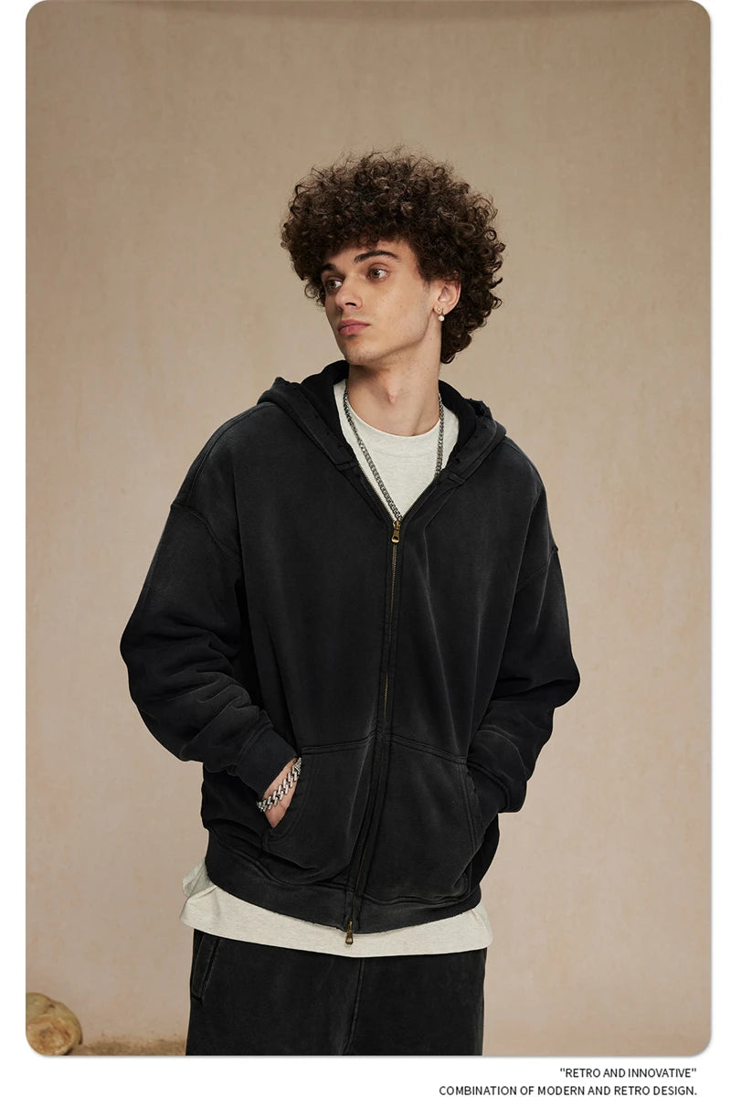 ZODF Retro Winter Men Spray-Dyed Zipper Hoodies Unisex Loose 360gsm Zipper Fleece Hooded Sweatshirt Pullovers Coats HY0719