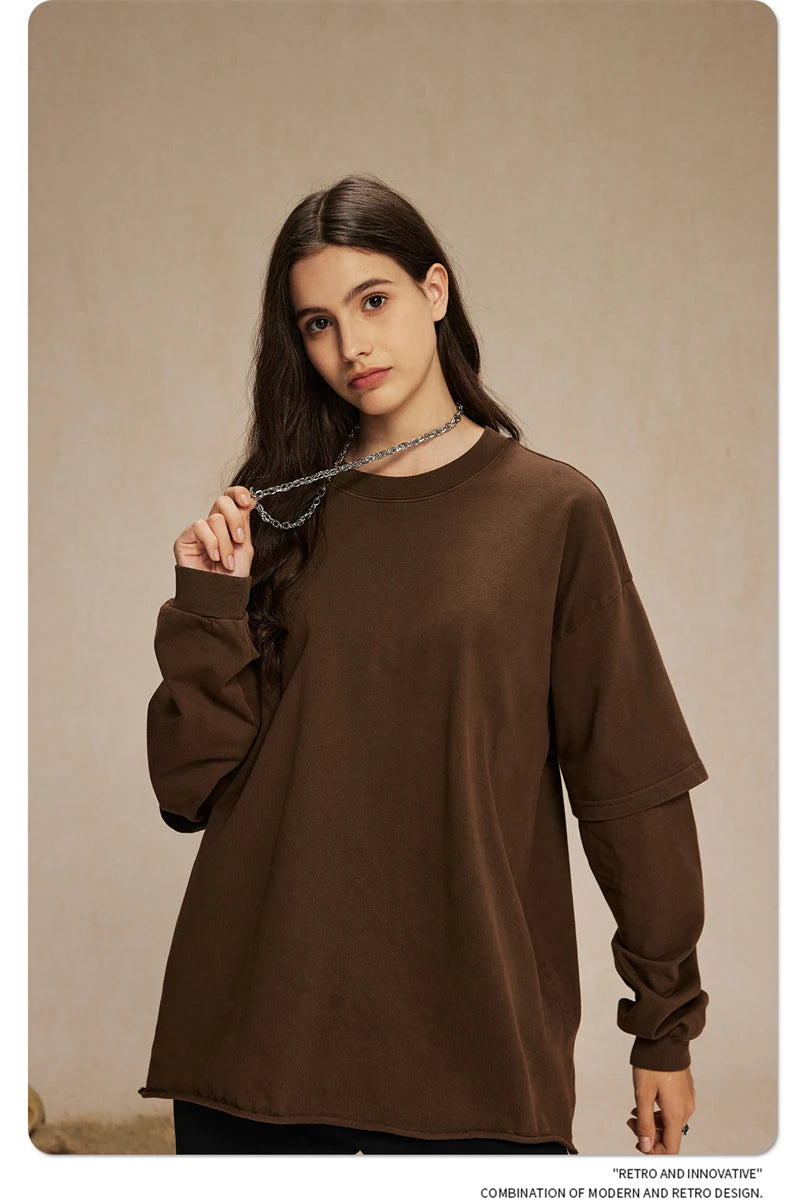 ZODF Retro Autumn Men Washed Cotton T-Shirts Unisex Loose Edge Fake 2-Piece 345gsm Full Sleeve O Neck T Shirt Brand Tops HY0928