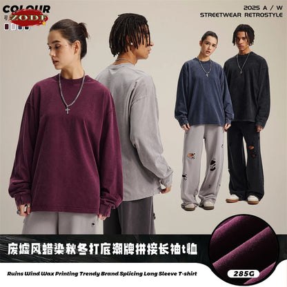 ZODF Retro 285gsm Batik Washed Cotton Man's T-Shirts Unisex Solid Loose Distressed Patchwork Full Sleeve Tee Shirt Tops HY1161