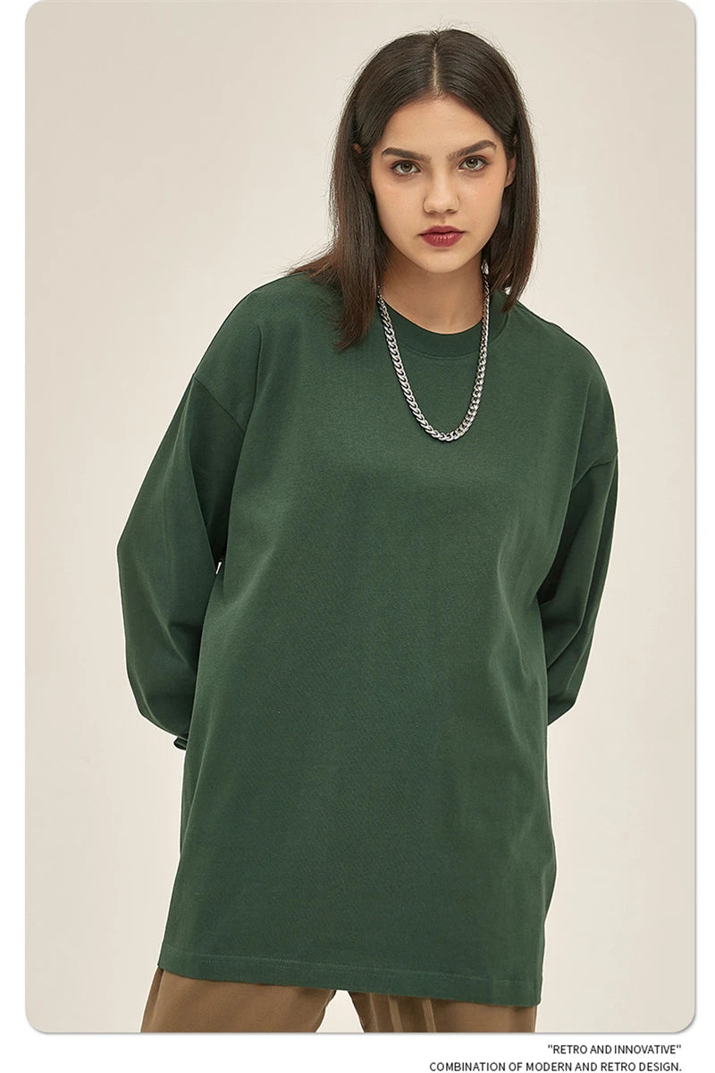 ZODF New 2025 Autumn Men 305gsm 100% Cotton T Shirt Unisex Loose Heavy Weight Basic Long Sleeve Solid T-Shirts Tops HY0634