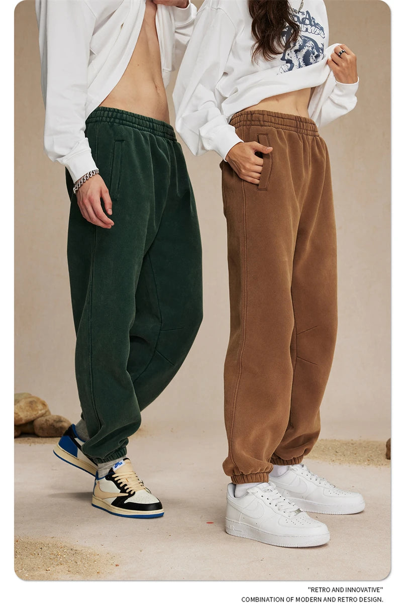 ZODF Retro Winter 360gsm Batik Washed Fleece Sweatpants Unisex Loose Drawstring Warm Joggers HY0714