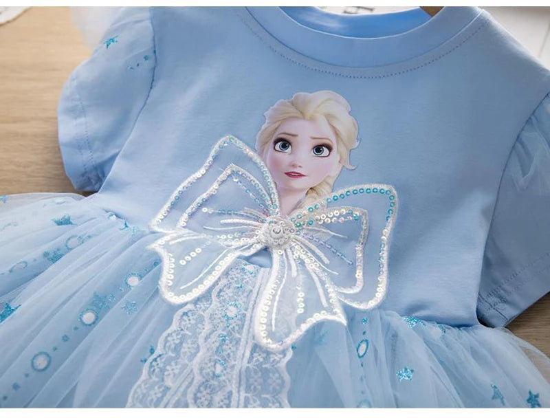 MINISO Girls Dress Blue Toddler Girl Mesh Lace Dress Summer Infant Fuffy Tulle Tutu Frozen Princess Dress 2 to 3 4 5 6 7 8Years