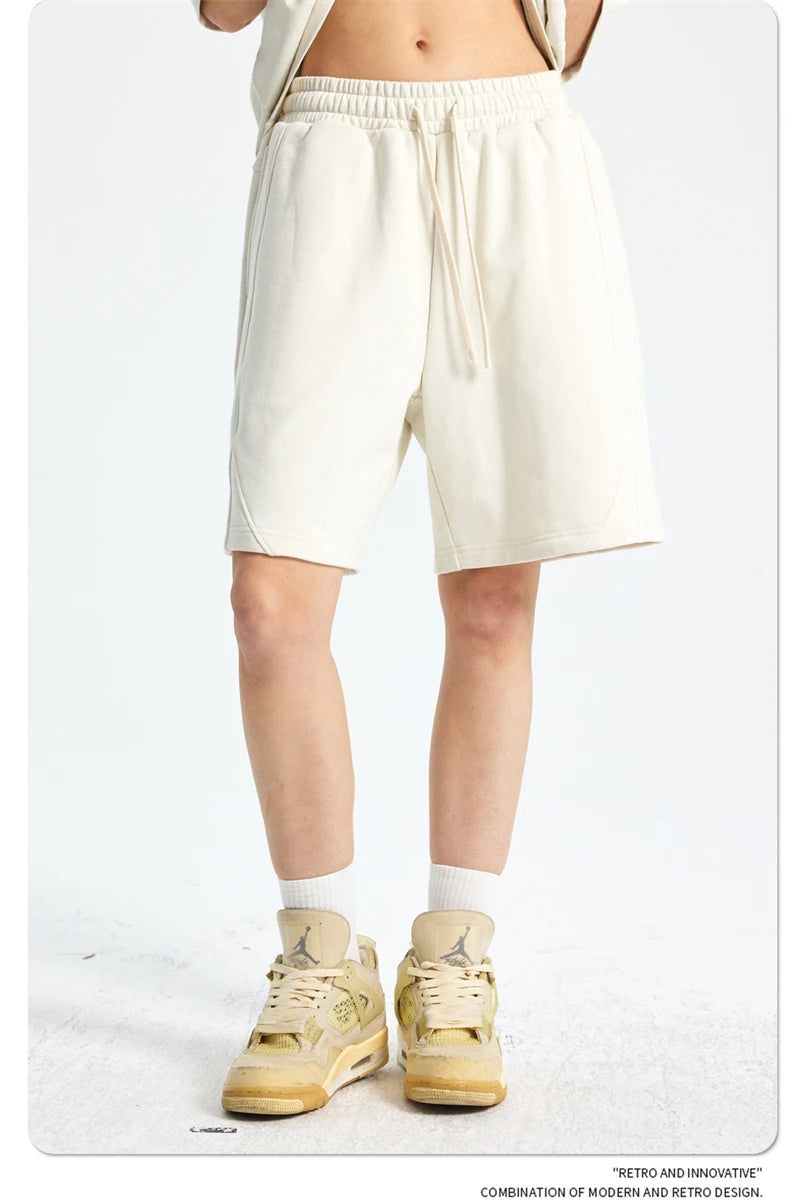 ZODF Trendy 2025 Men Summer Patchwork 345gsm Shorts Unisex Casual High Street Loose Fit Sport Solid Shorts Streetwears HY1053