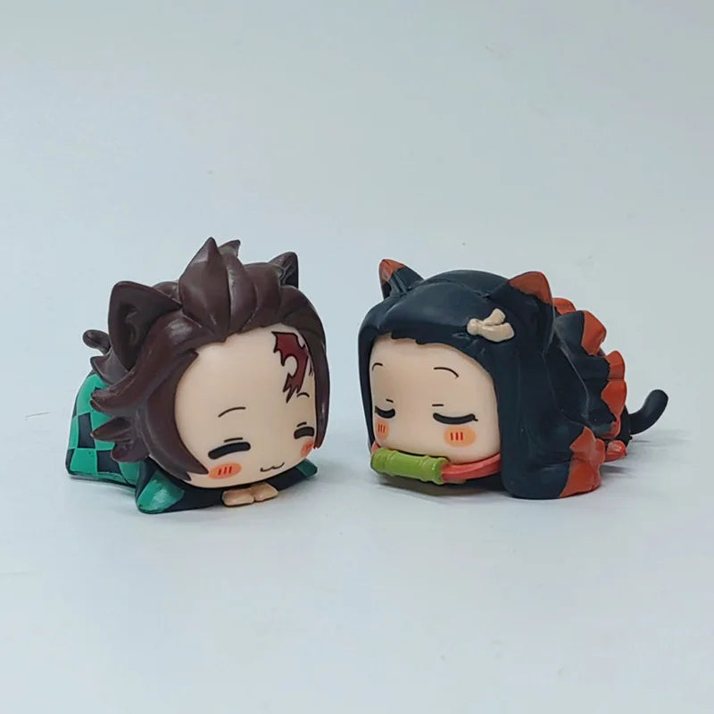 6PCS/Set Anime Demon Slayer Figure Nezuko Tanjirou Zenitsu Inosuke Mini Figurine Kawaii Cat Ear Sleep Figure PVC Model Doll Toys