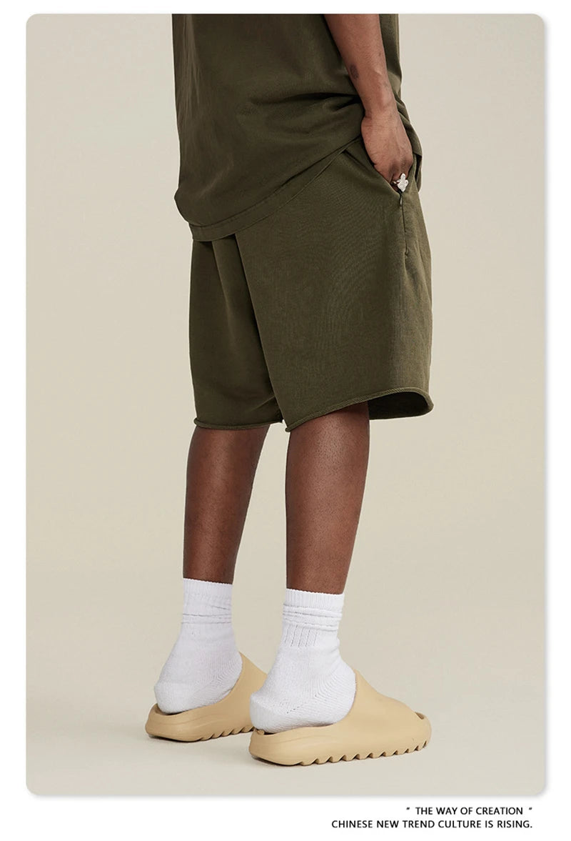 ZODF New Summer Men Retro Washed Shorts Unisex Drawstring Loose Edge 420gsm Solid Knee Length Cotton Pants Streetwears HY0589