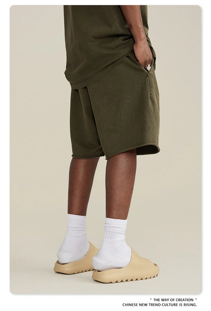 ZODF New Summer Men Retro Washed Shorts Unisex Drawstring Loose Edge 420gsm Solid Knee Length Cotton Pants Streetwears HY0589