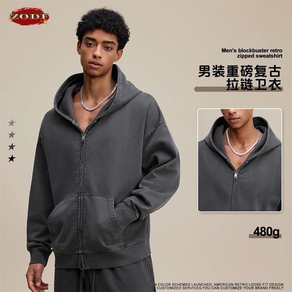 ZODF Heavy Wieght 480gsm Washed Cotton Boxy Zipper Hoodies For Man Unisex Retro Patchwork Off Shoulder Hooded Coats HY1152