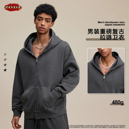 ZODF Heavy Wieght 480gsm Washed Cotton Boxy Zipper Hoodies For Man Unisex Retro Patchwork Off Shoulder Hooded Coats HY1152