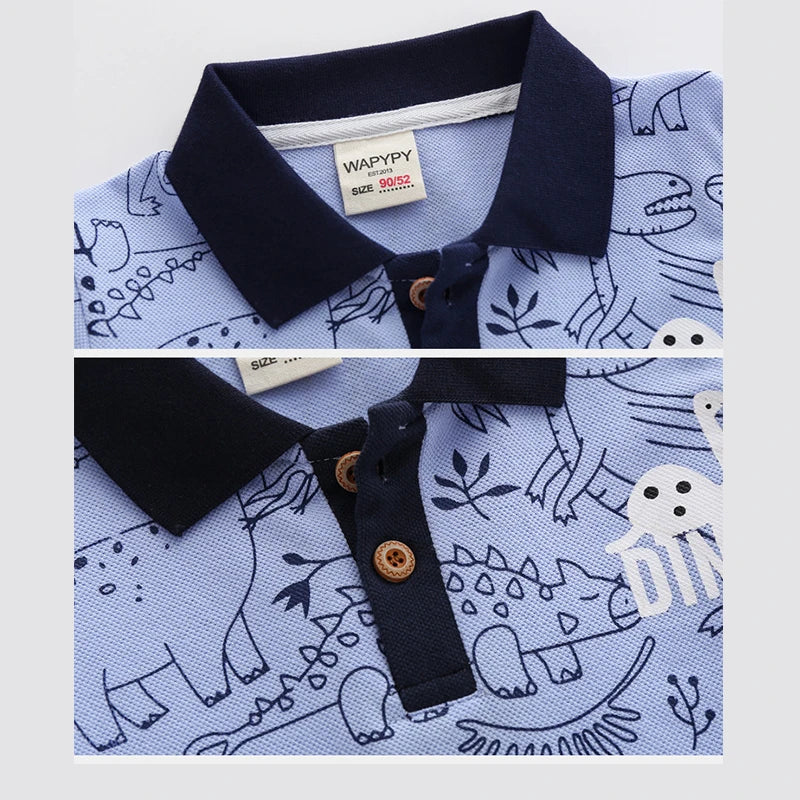 80-130cm Kids Polo Shirts 3 to 4 Year Boy Clothes Cotton Short Sleeve Children's Shirt Blue Dino Bunny Print Tops Summer T-shirt