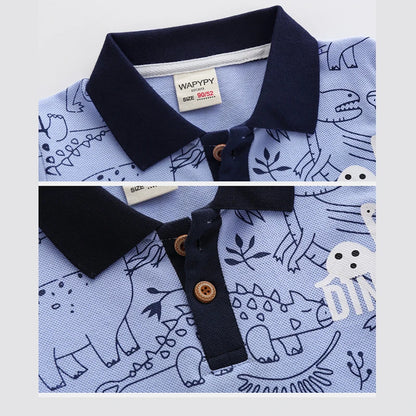 80-130cm Kids Polo Shirts 3 to 4 Year Boy Clothes Cotton Short Sleeve Children's Shirt Blue Dino Bunny Print Tops Summer T-shirt