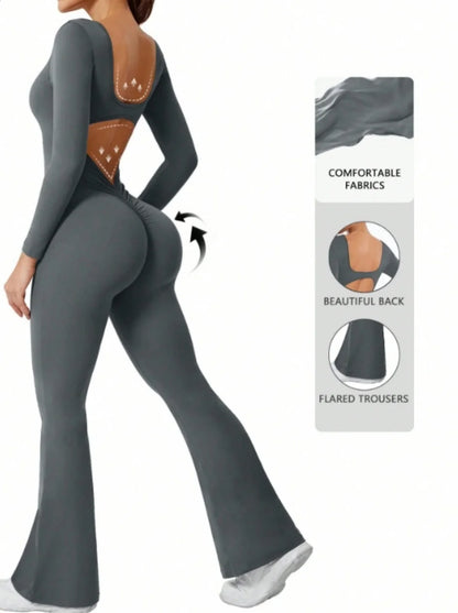 High Quality Solid Color Long Sleeve Compression Jumpsuit with Bell Bottom Pants Women’s Yoga Sportswear Push Up Set