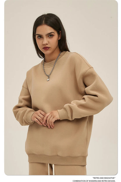 ZODF New 2025 Winter 350gsm Fleece Sweatshirts For Men Unisex Casual Loose Basic Solid O-Neck Thick Warm Pullovers HY0635