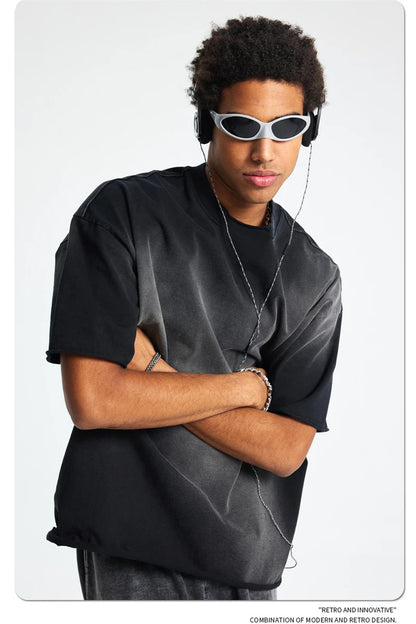 ZODF Retro Summer Men Washed 100% Cotton T-Shirts Unisex High Street Oversized Distressed Broken Neck T Shirt Brand Tees HY1050