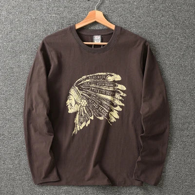 Autumn New American Retro Long Sleeve O-neck Indian Printed T-shirt Men's Fashion 100% Cotton Washed Casual Bottoming Tops