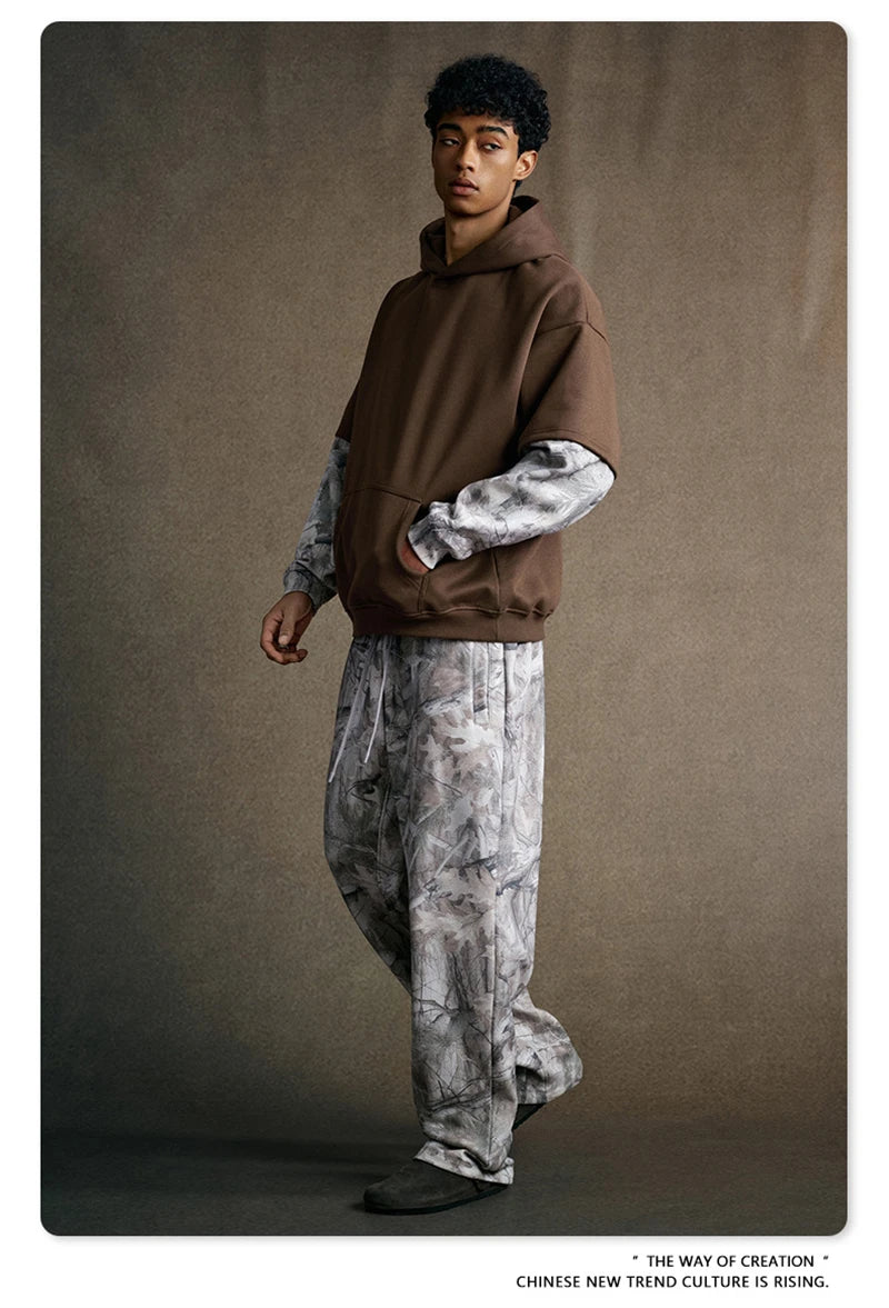 ZODF Fashion Winter Fake 2-Piece 340gsm Fleece Hoodies For Men Unisex High Street Camouflage Sleeve Hooded Pullovers HY1153