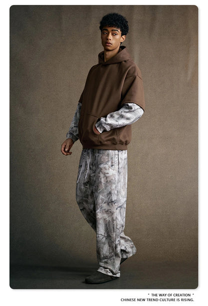 ZODF Fashion Winter Fake 2-Piece 340gsm Fleece Hoodies For Men Unisex High Street Camouflage Sleeve Hooded Pullovers HY1153