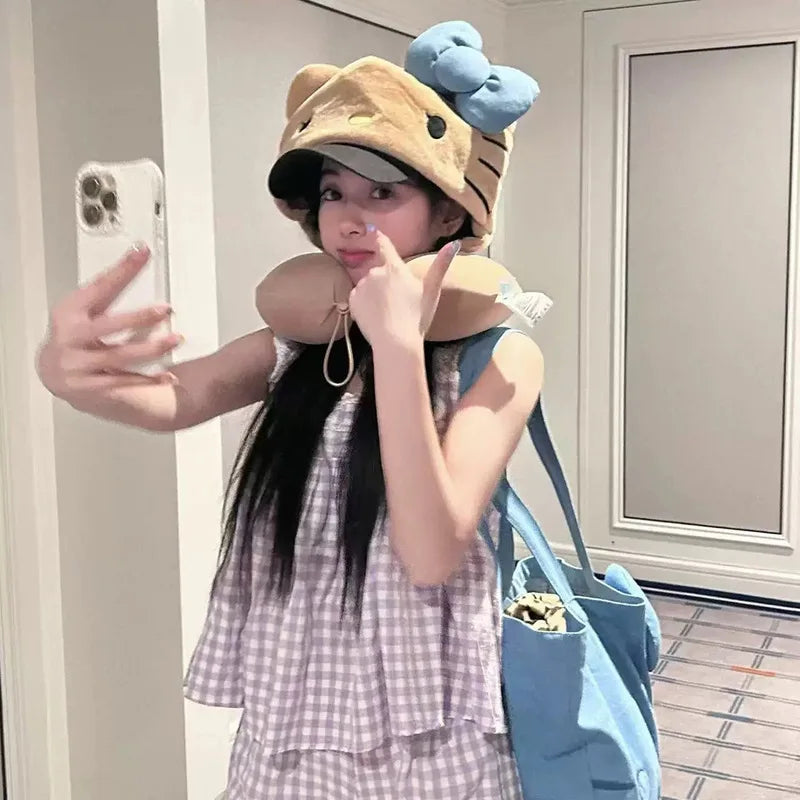 Sanrio Hello Kitty Hooded Neck Pillow Travel Pillow For Airplane Train Car Soft Plush Sleeping Support With Adjustable Hood Gift