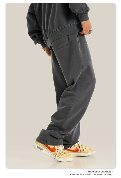 ZODF Retro Men Autumn Washed 380gsm Cotton Unisex High Street Oversized Solid Sport Straight Pants HY0885