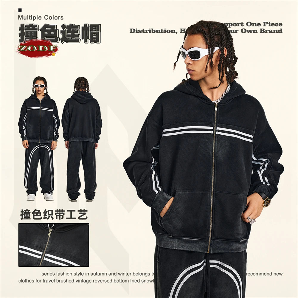 ZODF Retro 2024 Winter Men Zipper Fleece Hoodies Unisex Oversized Washed 360gsm Sport Knitted Hooded Coat HY0905