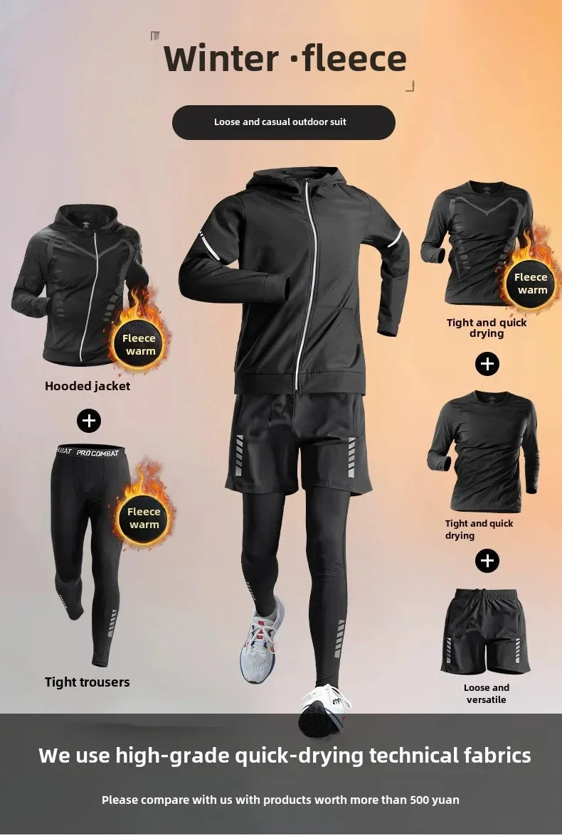 Men’s Winter Fleece-Lined Quick-Dry Warm-Up Sports Set for Running Cycling Fitness Training