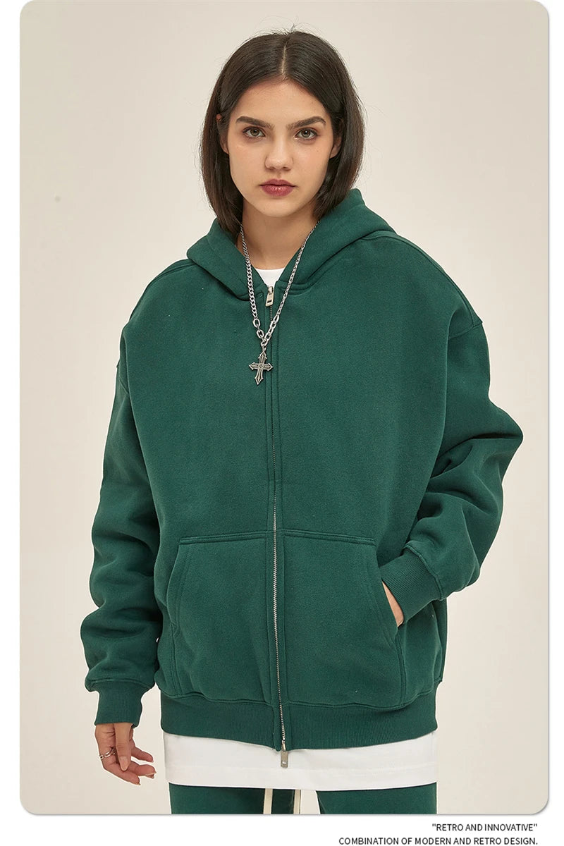 ZODF New Men Double Headed Zipper Fleece Hoodies Unisex Loose Basic Solid Warm Hooded Sweatshirts Coats For Winter HY0633