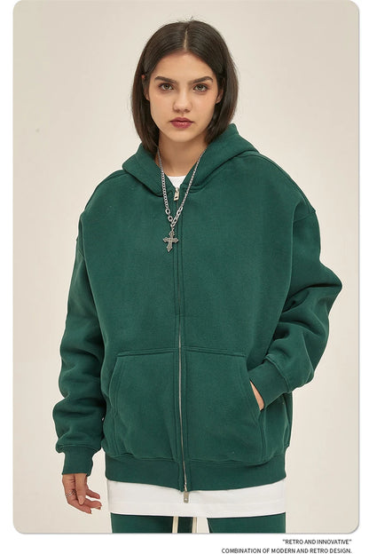 ZODF New Men Double Headed Zipper Fleece Hoodies Unisex Loose Basic Solid Warm Hooded Sweatshirts Coats For Winter HY0633