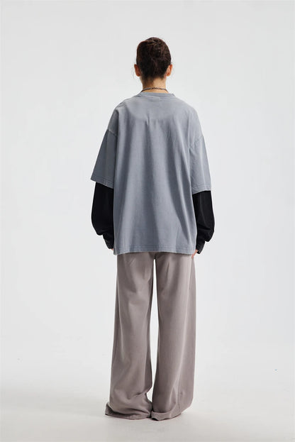 ZODF Retro Fake 2-Piece Cotton T-Shirts For Man Unisex Distressed Full Sleeve Washed O Neck T Shirt Brand Tees HY1156