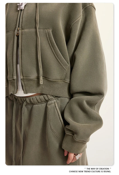 ZODF Retro 2025 Winter Women Short Zipper Hoodies Female Girls Loose 355gsm Thick Fleece Hooded Zip-up Coat Streetwears HY0448