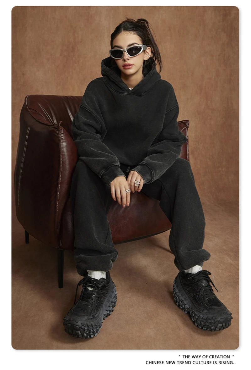 ZODF Winter Autum Men's Washed 400gsm Fleece Hoodies Unisex Couple Retro Oversized Ripped Hooded Sweatshirts Pullovers HY0652